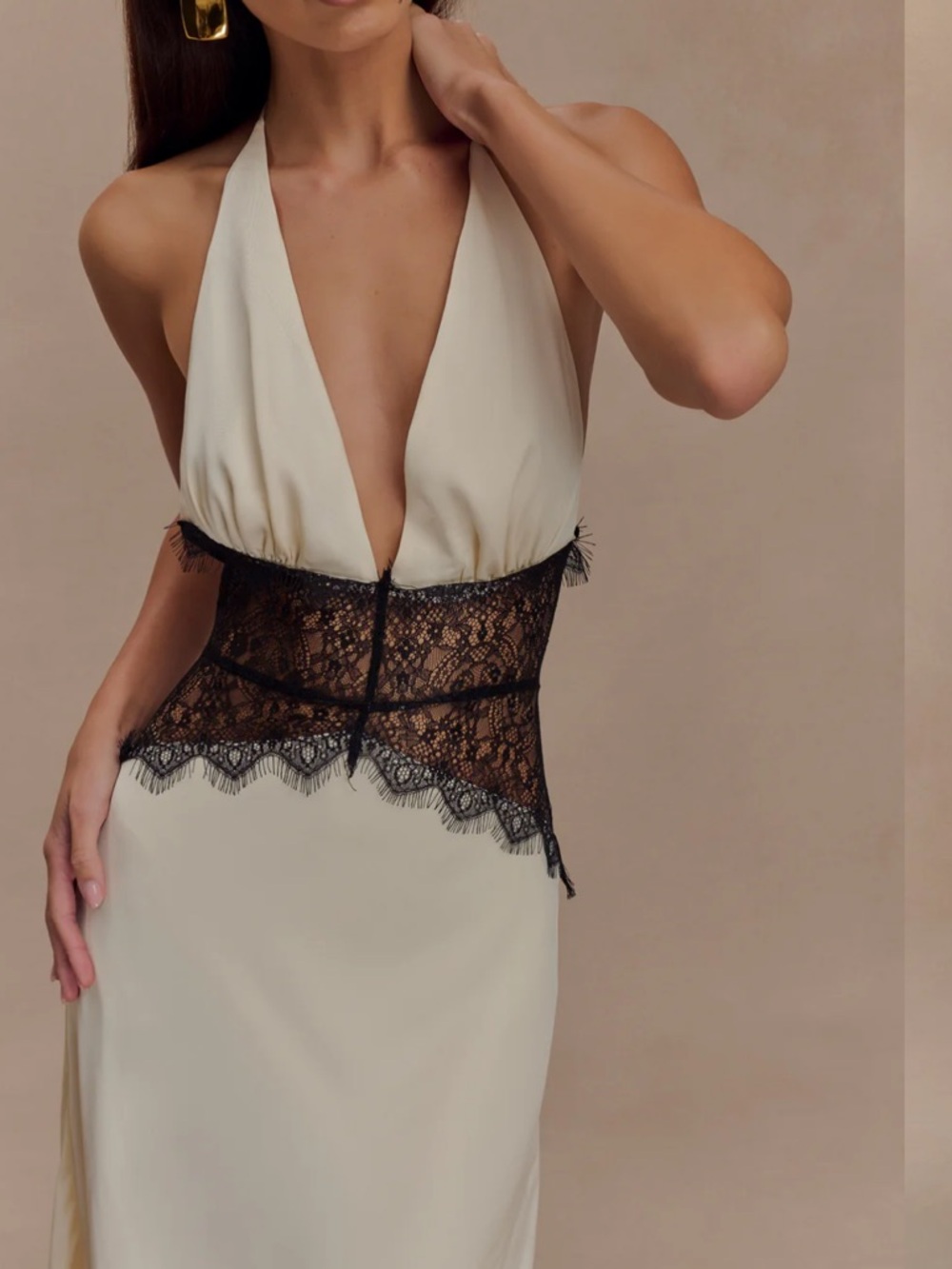 Meshki Dinah Ivory Halter Slip Dress with Black Lace Waist NWT